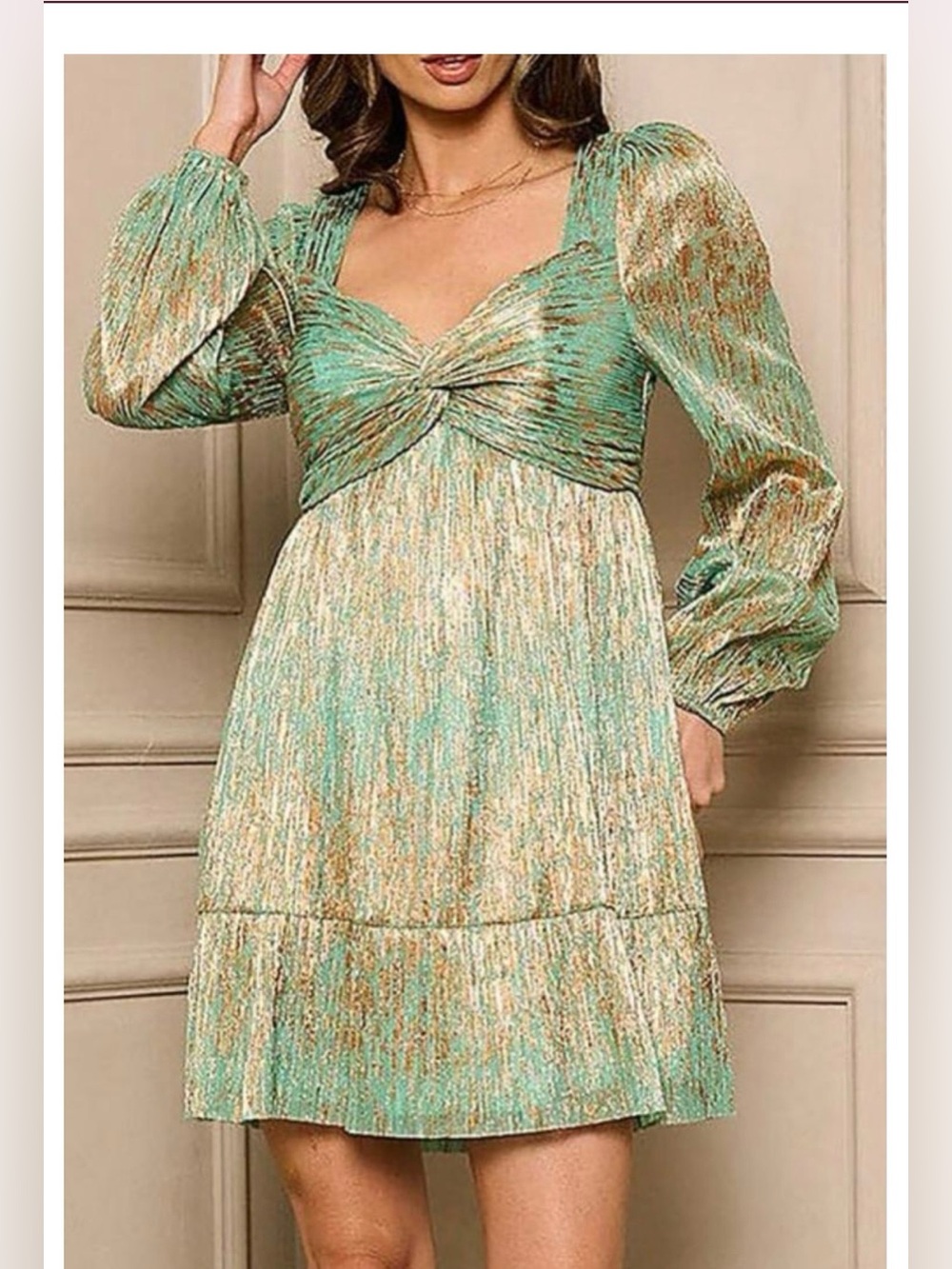 g. p. d. Jade and Metallica gold mini dress. Long sheer sleeves. Size XS.